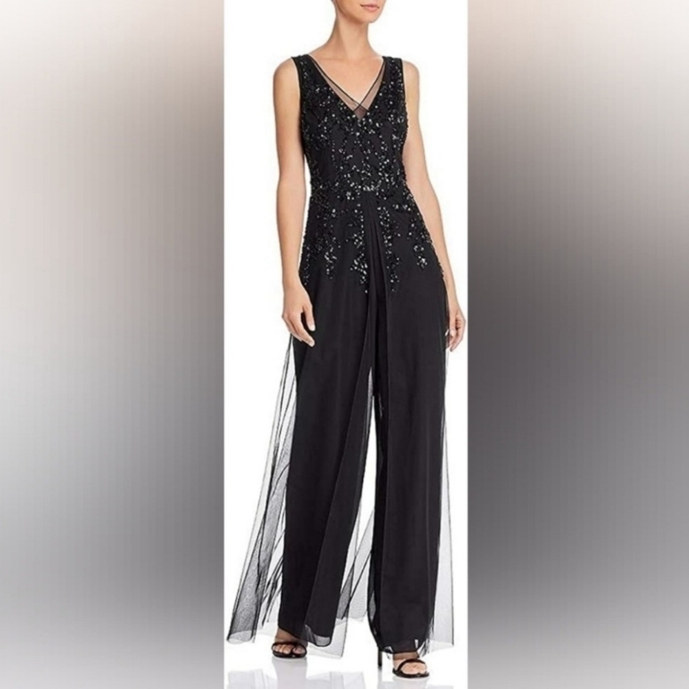 🔥NWT Adrianna Papell Beaded Georgette Jumpsuit, Black, Size 6
